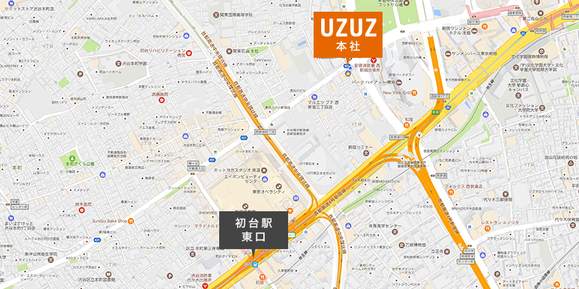京王新線/都営新宿線「初台駅」東口から「本社オフィス」までの地図