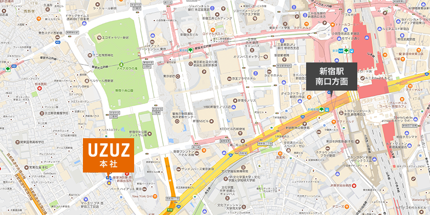 JR「新宿駅」南口から「本社オフィス」までの地図