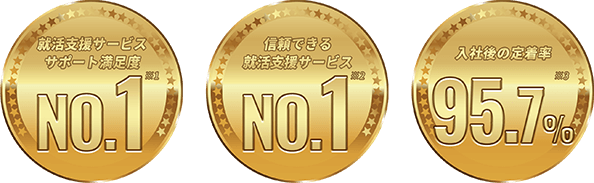 就活支援サービス サポート満足度 NO.1、信頼できる 就活支援サービス NO.1、入社後の定着率 95.7%